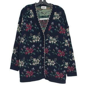 Vintage Basic Editions Cardigan Sweater Floral Cottage Academia 90s Navy Blue 2X